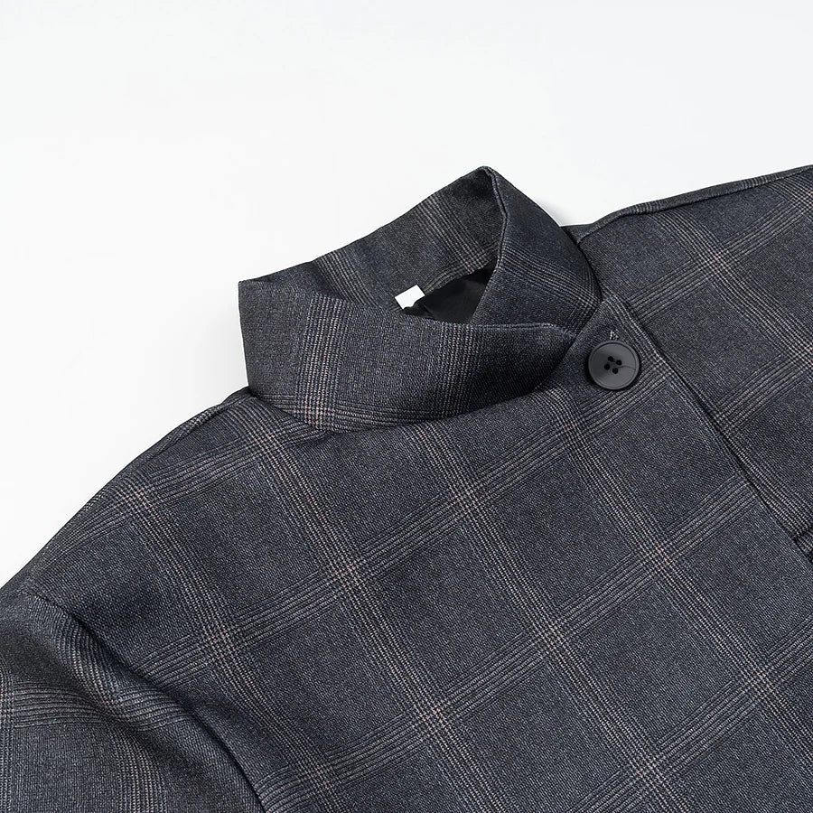 2026 Spring Female Coats Stand Collar Asymmetrical Pockets Gray Plaid Blazers Autumn Woman's Outerwear Clothing Vintage Street