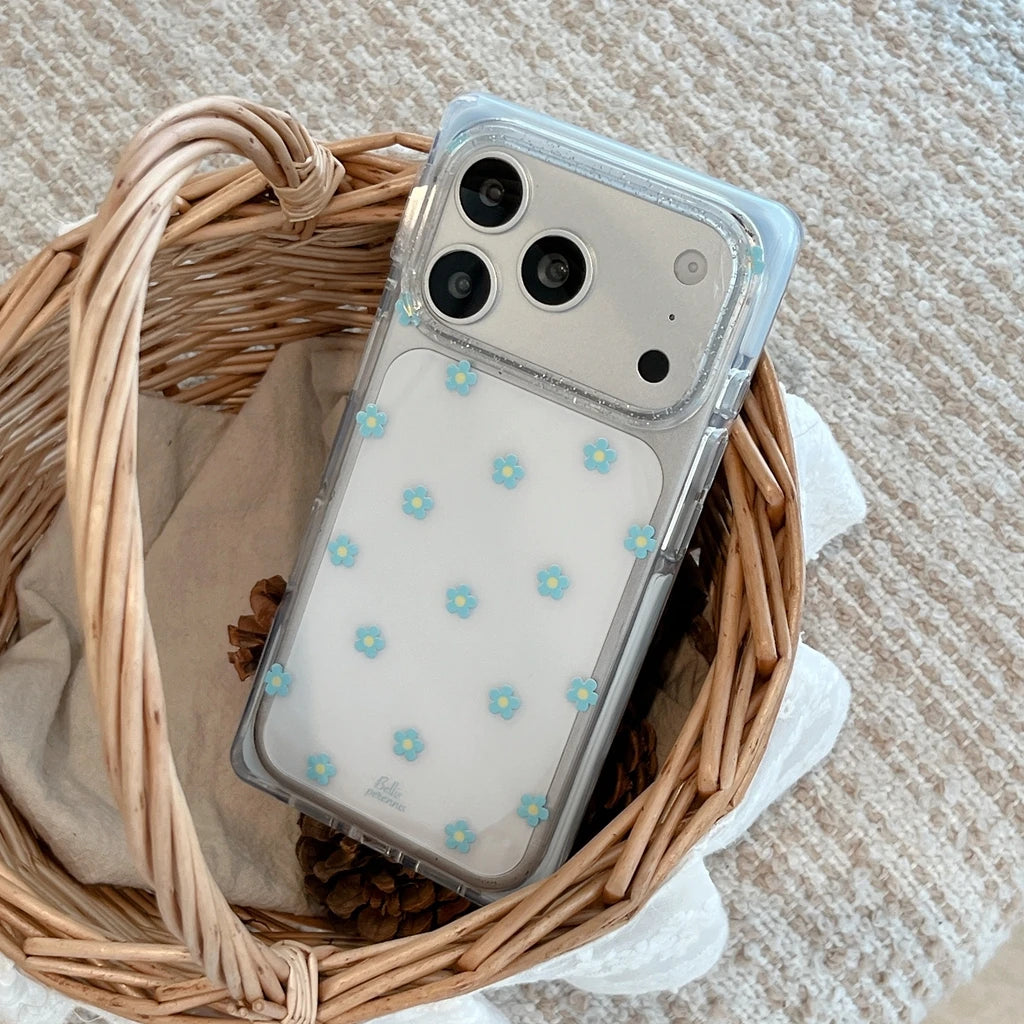 Vibrant All-over Little Flower Clear With Rhinestone Pendant Lanyard Rectangle Phone Cover Case for iPhone 17 16 15 Pro Max