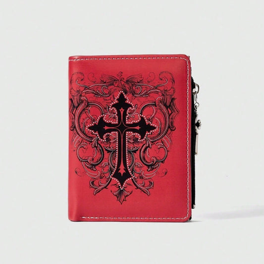 Portefeuille unisexe gothique rouge, motif croix punk, porte-monnaie zippé et porte-cartes tendance pour un usage quotidien décontracté