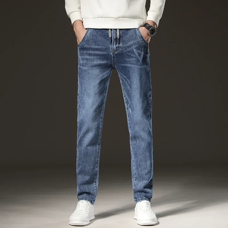 Warm Winter Jeans Men's Fleece Light Blue Slim Straight Denim Pants High Quality Thicken Velvet Elastic Comfort Casual Trousers