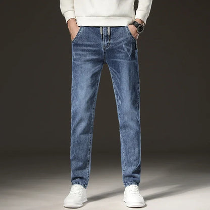Warm Winter Jeans Men's Fleece Light Blue Slim Straight Denim Pants High Quality Thicken Velvet Elastic Comfort Casual Trousers