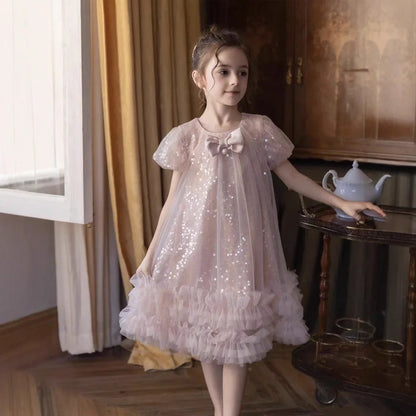 2026 New Summer Dress Girls Sequin Tulle Princess Party Gown Children Pageant Formal Attire Celebration Outfit Elegant Clothes