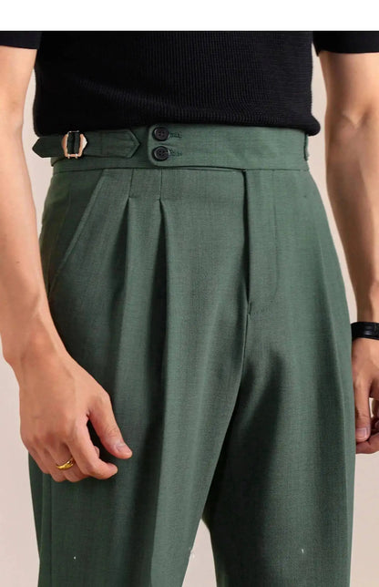 2025 New Italian Style Double Pleated Neapolitan Mens Formal Pants Casual Business Straight Leg High Waist Office Trousers Men