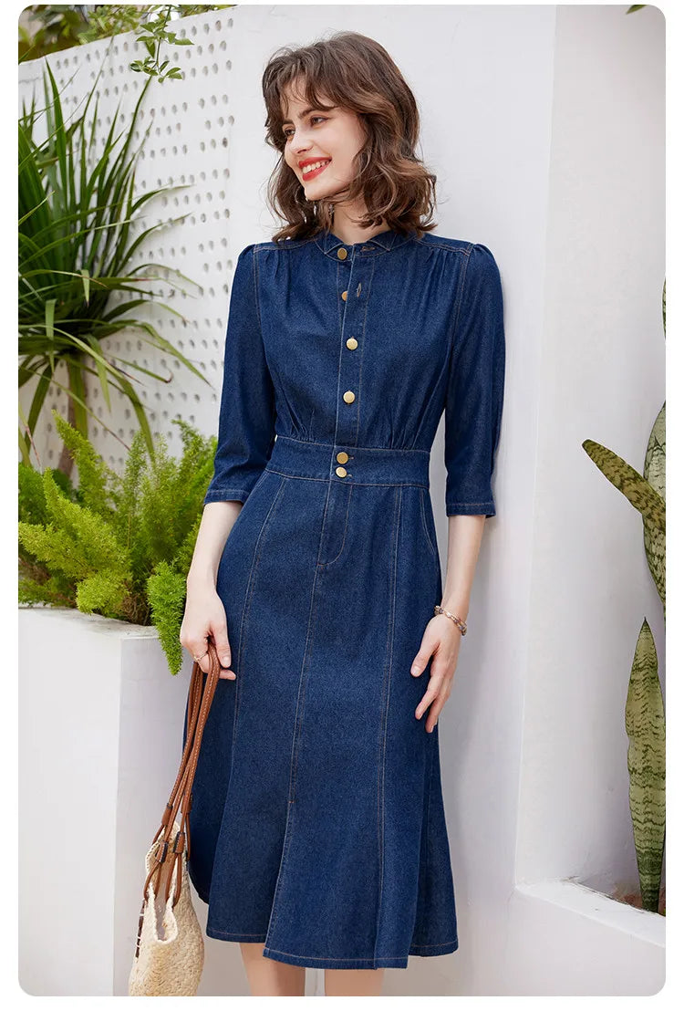 Women Denim Dress Retro Style Casual 2024 Spring Round Neck Three-quarter Sleeve Slim Fit A-line Fishtail Dress