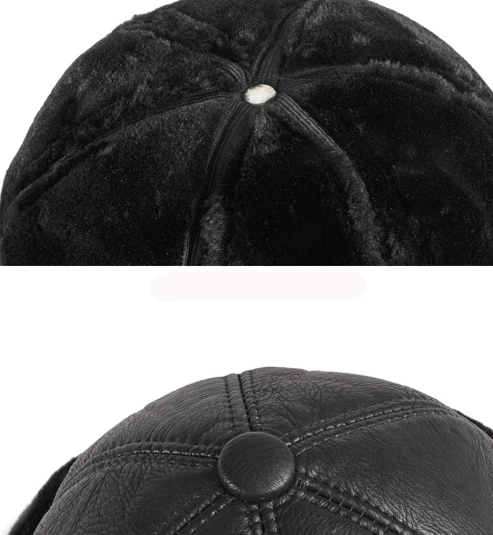 High Quality Autumn Winter Cap Hat PU Leather Thick Warm Pilot Hat Solid Black Fleece Lined Russian Cap 6 Panels Fur Hat