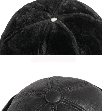 High Quality Autumn Winter Cap Hat PU Leather Thick Warm Pilot Hat Solid Black Fleece Lined Russian Cap 6 Panels Fur Hat