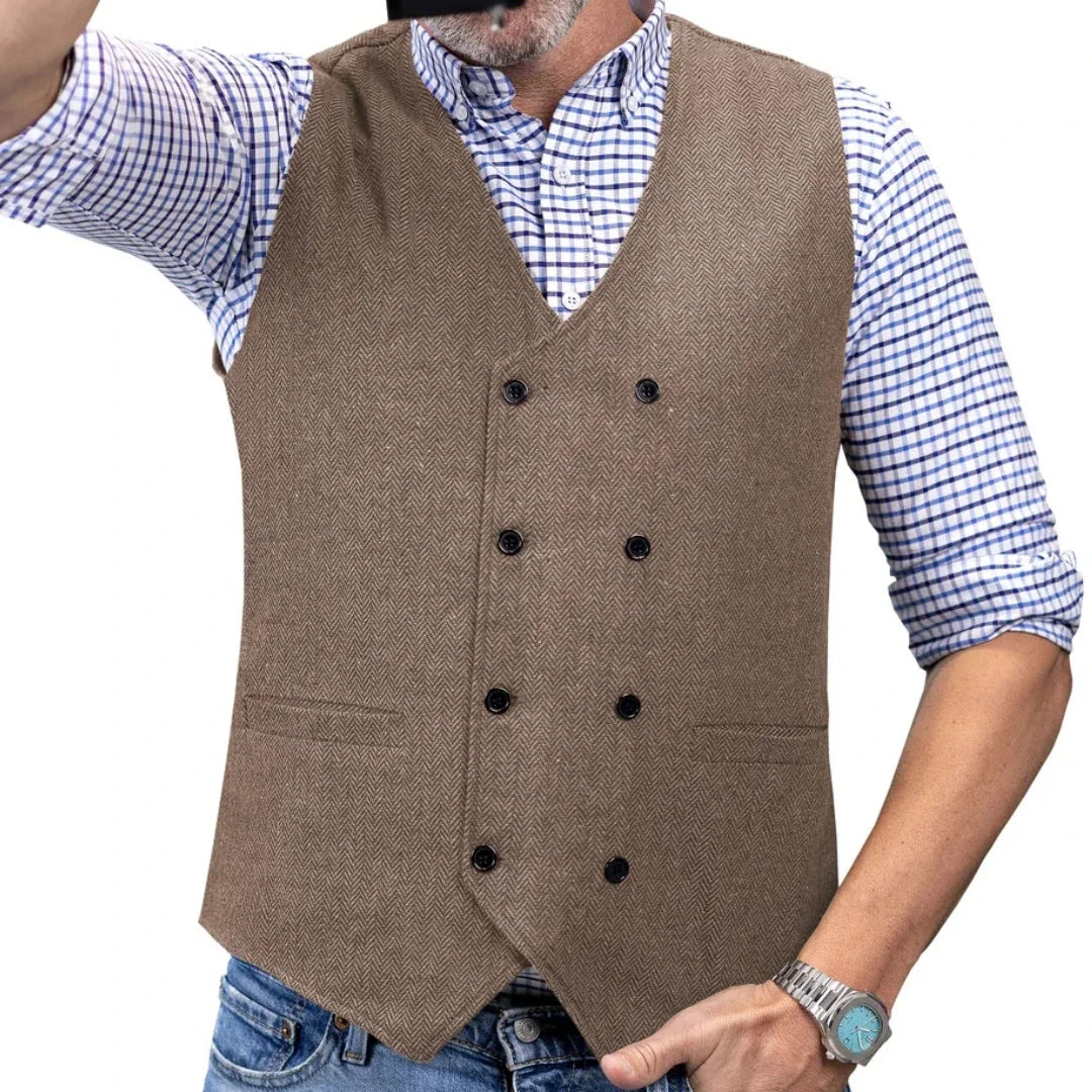 Men Vest Brown Herringbone Double Button Waistcoat For Wedding Birthday Banquet Party Business Office Work Men Suit Vest