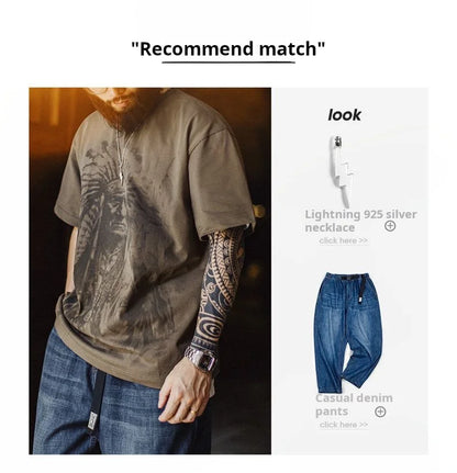 Vintage Navajo Print Short Sleeve T-Shirt Men's Summer Heavyweight Cotton Tee Letter Embroidered Loose Fit Crew Neck Tops