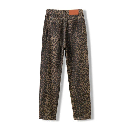 High Waisted Leopard Print Jeans for Women Y2k Retro Streetwear Denim Pants Hip Hop Straight Wide Leg Baggy Jeans