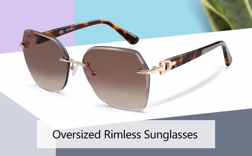 Fashion Women Rimless Sunglasses for Ladies Trendy Geometric Diamond Cutting Gradient Lens UV Protection Shades
