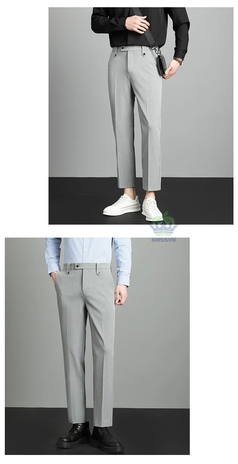Brand High Quality Business Suit Ankle Length Pants Men Grey Khaki Waist Design Work Office Formal Long Trousers Male