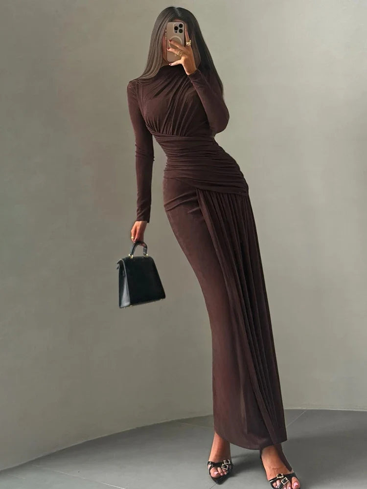 Folds Maxi Dress Women O-Neck Full Sleeve Solid Banquet Elegant Vacation Fashion Autumn Skinny Casual Simple Vestido