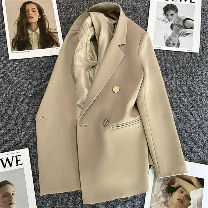 Casual Small Suit Jacket Women Fashion Loose Metal Double-Breasted Blazer Coat Korean Occupation Office Formal Lapel Blazers