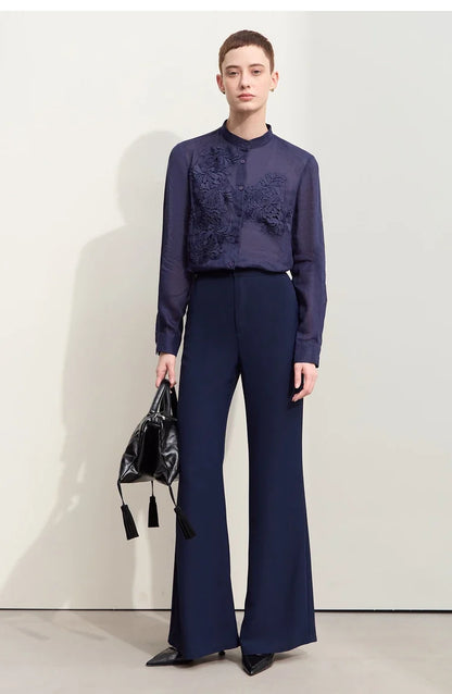 Minimalism Women Shirts 2024 Autumn New Chinese Stand Collar Lace Decal Shirt Fashion Female Shell Button Blouses 12443001