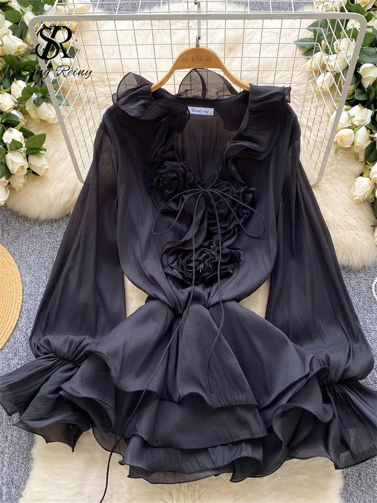 3D Floral Beach Short Dress Female Long Sleeves Lace Up Ruffle Chiffon Cake Sundress Sheer Sexy Vintage Bohemian Dress
