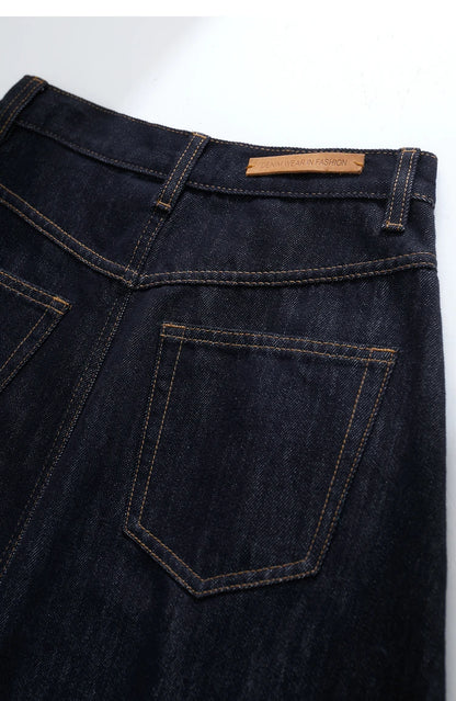 Minimalist Women Denim Skirt 2025 Autumn New French Retro Loose Basics Casual A-line Office Lady Cotton Midi Skirt 12343070