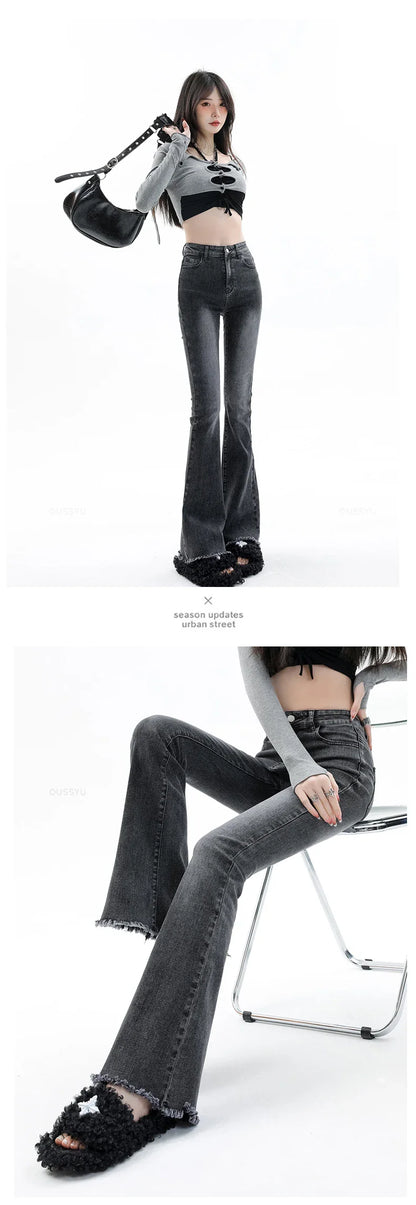 Spring Summer Flared Jeans Women Cotton Vintage Blue Denim Pants Streetwear Elastic High Waist Slim Harajuku Trouser Plus Length