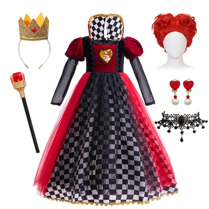 Girls Halloween Party Cosplay Red Queen Gown Clothes Kids Witch Long Sleeves Carnival Outfits Children Masquerade Fancy Costumes