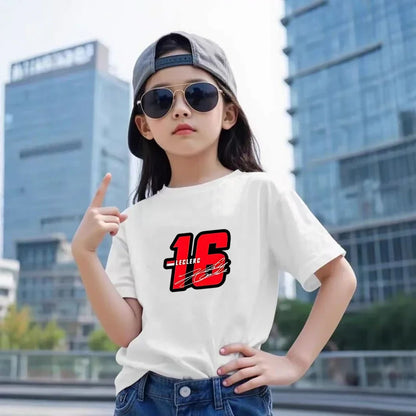 Summer Kids T-Shirt White Round Neck Tops+Shorts Boy Girl Charles Leclerc Racing Car No. 16 Clothing Sets Casual Cool Tees