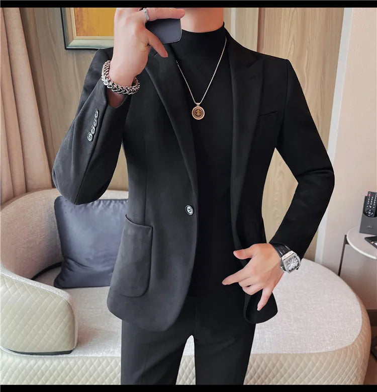 Classics Autumn Winter Suede Suit Jackets Fashion New Solid Slim Fit Business Office Social Blazer Wedding Top Mens Clothing 4XL