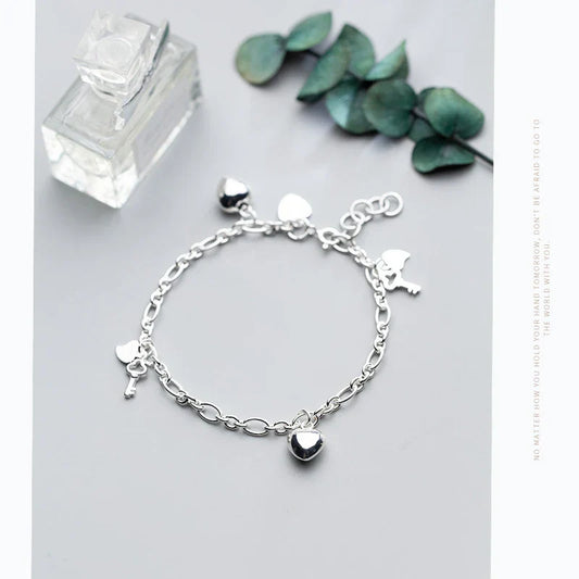 Nouveau bracelet jonc en argent sterling 925 avec pendentif clé en cœurs simples pour femme, chaîne de maillons style coréen, bijoux fins Pulseira
