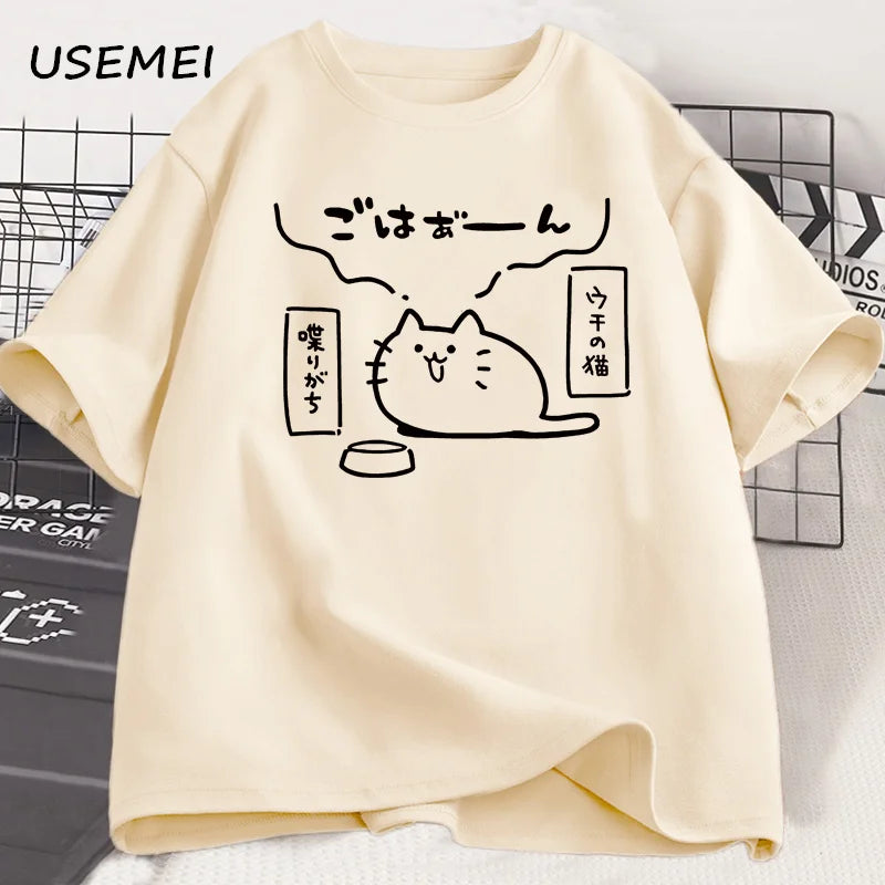 Japanese Style Cat Printed T Shirts for Men Women Cotton Short Sleeve Tshirt Causal Trendy Loose Oversized T-shirt Mens Clothes