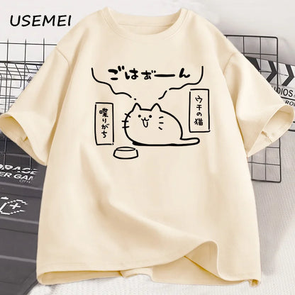 Japanese Style Cat Printed T Shirts for Men Women Cotton Short Sleeve Tshirt Causal Trendy Loose Oversized T-shirt Mens Clothes