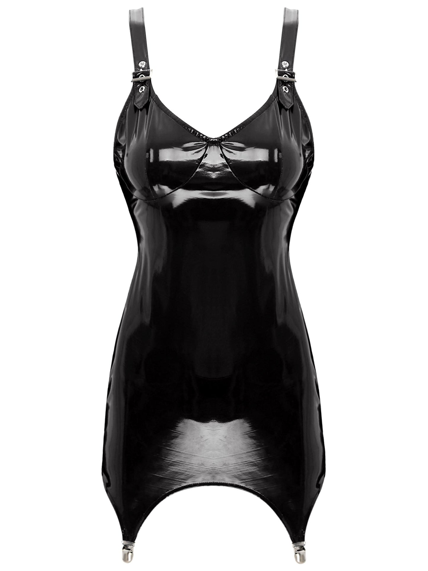Womens Shiny Metallic PVC Leather V-Neck Mini Dress Chemise Wet Look Night Club Bodycon Babydoll Clubwear with Garter Belt