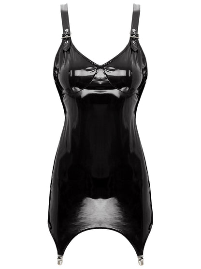 Womens Shiny Metallic PVC Leather V-Neck Mini Dress Chemise Wet Look Night Club Bodycon Babydoll Clubwear with Garter Belt
