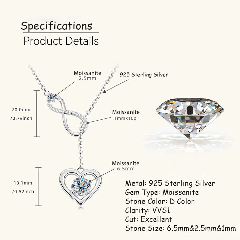 Certified Moissanite Heart Infinite Pendant Necklace Chain for Women S925 Sterling Silver Necklaces Fine Jewelry Gifts