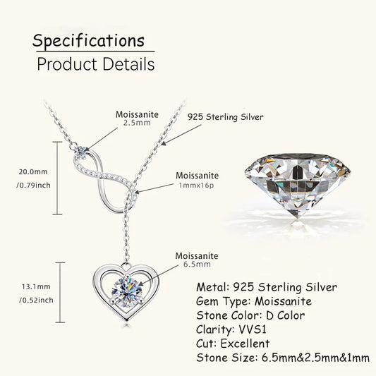 Certified Moissanite Heart Infinite Pendant Necklace Chain for Women S925 Sterling Silver Necklaces Fine Jewelry Gifts