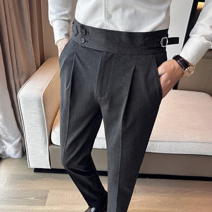 Autumn Winter High Waist Business Dress Pants Men Casual Belt Design Slim Suit Pants Formal Wedding Social Party Male Trousers