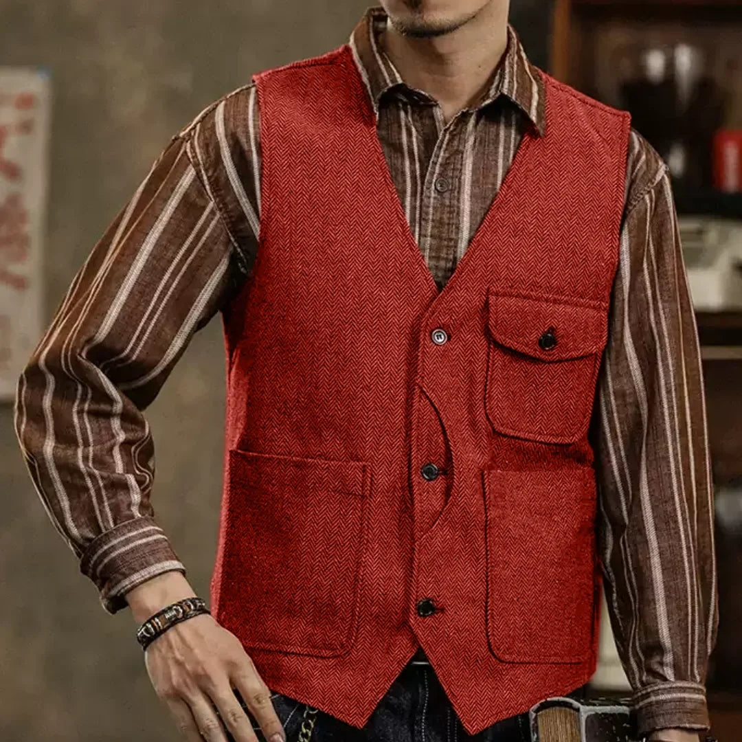 Men Vest Coffee Herringbone Single Button Pocket Waistcoat For Wedding Business Casual Formal Daily Office Work Men Suit Vest