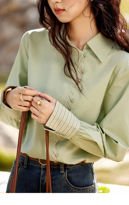 Striped Patchwork Shirt for Women Spring 2025 Irregular Single Breasted Buckle Shirts Lapel Tops Office Lady MXE12C0412
