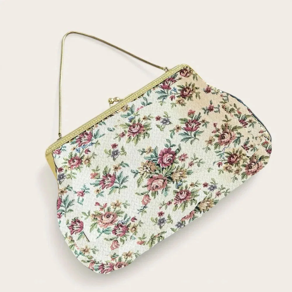 Lost in Vintage Thread Embroidered Bag Metal Handle Petitpoint Clutch Antique Kiss Lock Crossbody Kiss Lock Frame Evening Bag