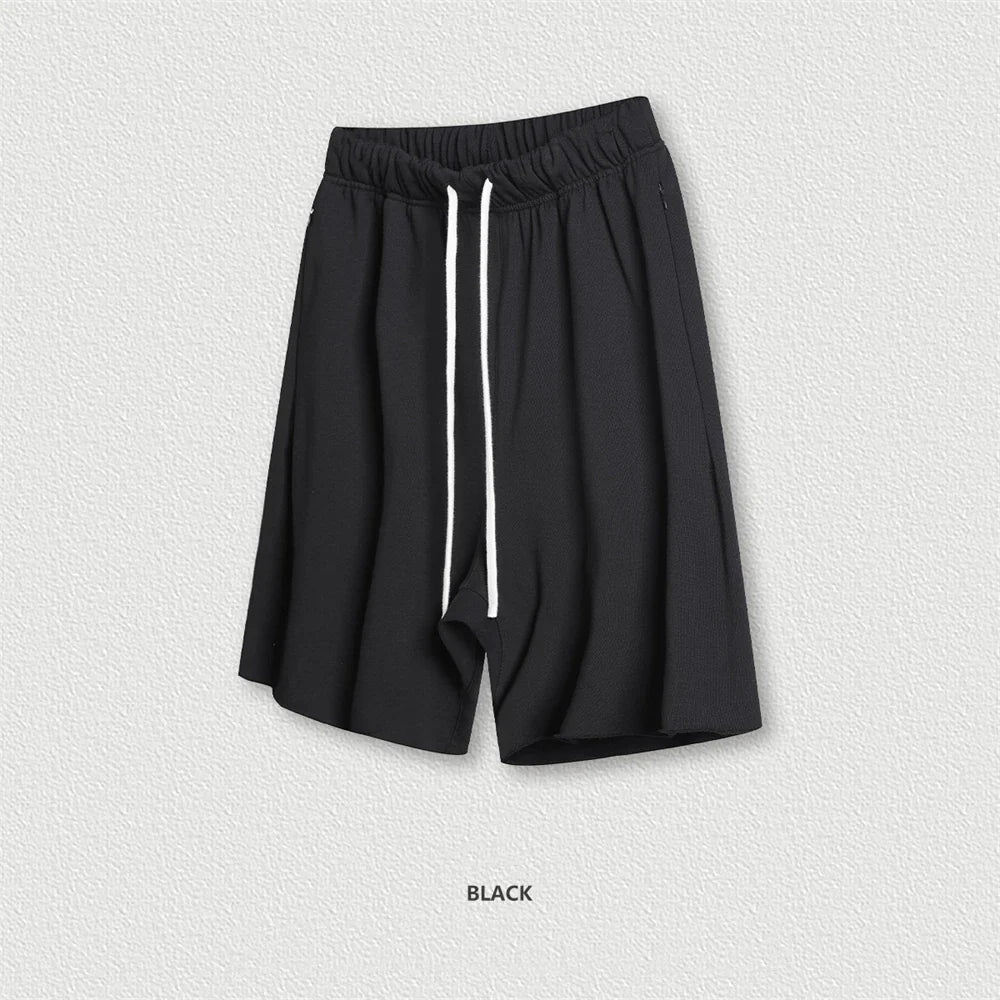 New Summer Men Retro Washed Shorts Unisex Drawstring Loose Edge 420gsm Solid Knee Length Cotton Pants Streetwears HY0589
