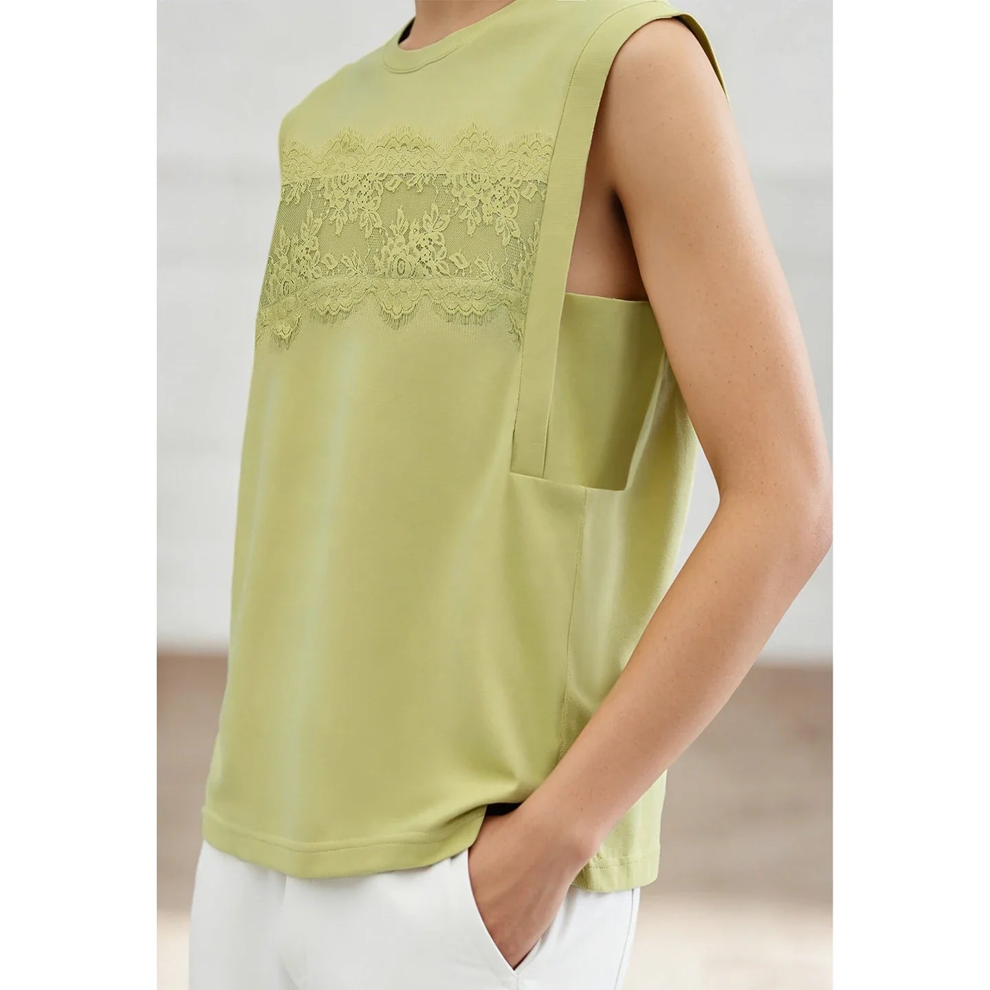 Women's Top 2026 Summer New Round Neck Lace Trim 100% Cotton Tank Tee Loose Casual Sleeveless T-Shirt For Women 12622139