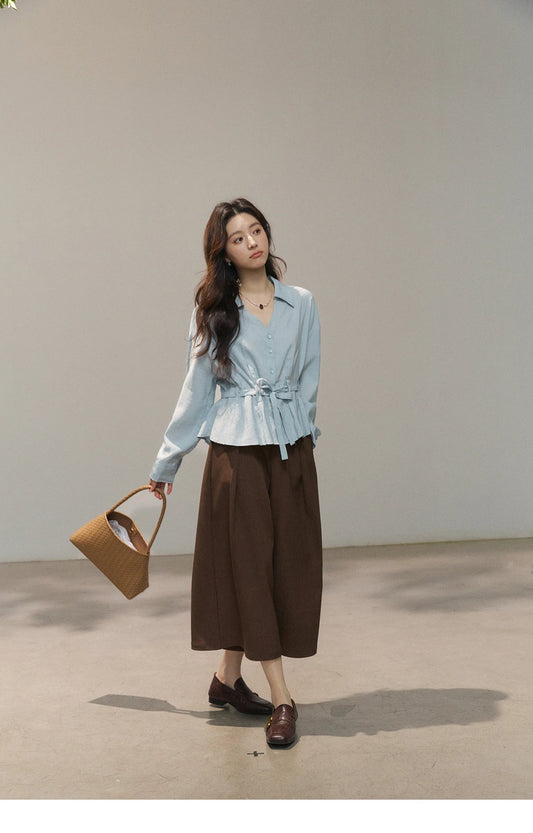 Women's Light Blue Lyocell Shirt 2026 Spring Polo Neck V-neck Belted Waist Shirt Casual Peplum Long Sleeve Top MXF13C2437