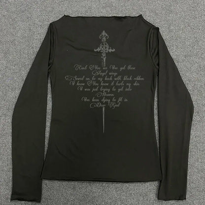 Y2k Aesthetics Crop Tops Graphic Printed T Shirt Fairycore Grunge Clothes Korean Fashion Harajuku Gothic Streetwear Long Sleeves