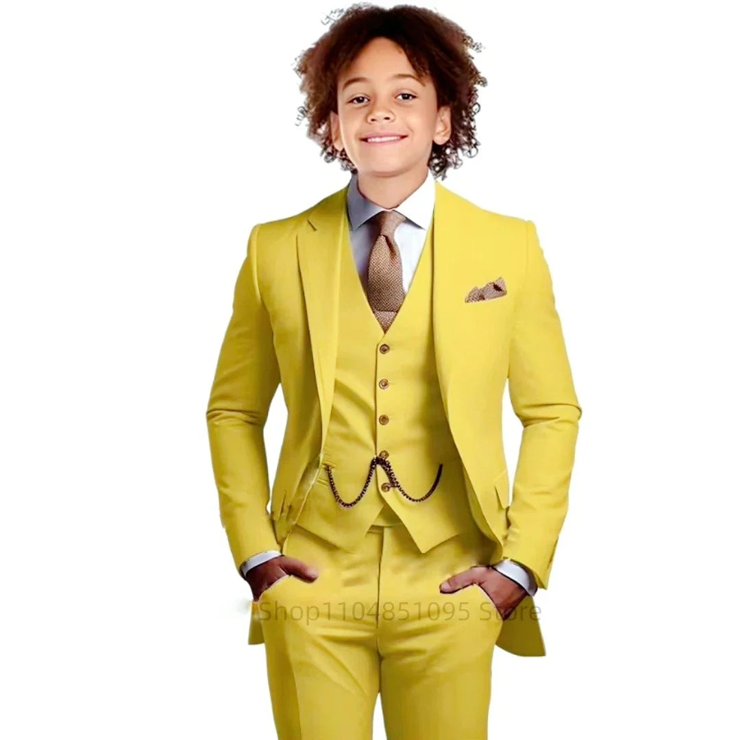 Khaki Boys Suit 3 Piece Groom Tuxedo Notch Lapel Jacket Pants Vest Wedding Party Birthday Gift Kids Slim Fit Blazer Child Suits