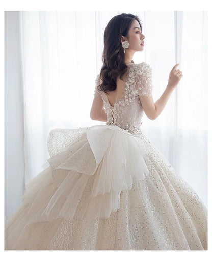 Luxury Short Sleeve Wedding Dress 2026 New Bridal Dress V Neck Beading Shinning Ball Gown Sweep Train Vestido  Noiva Customized
