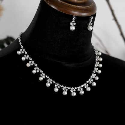 Gorgeous Cubic Zirconia Stone Pearl Choker Necklace Earring Jewelry Set for Women Bridal Satin Wedding Dress Accessories
