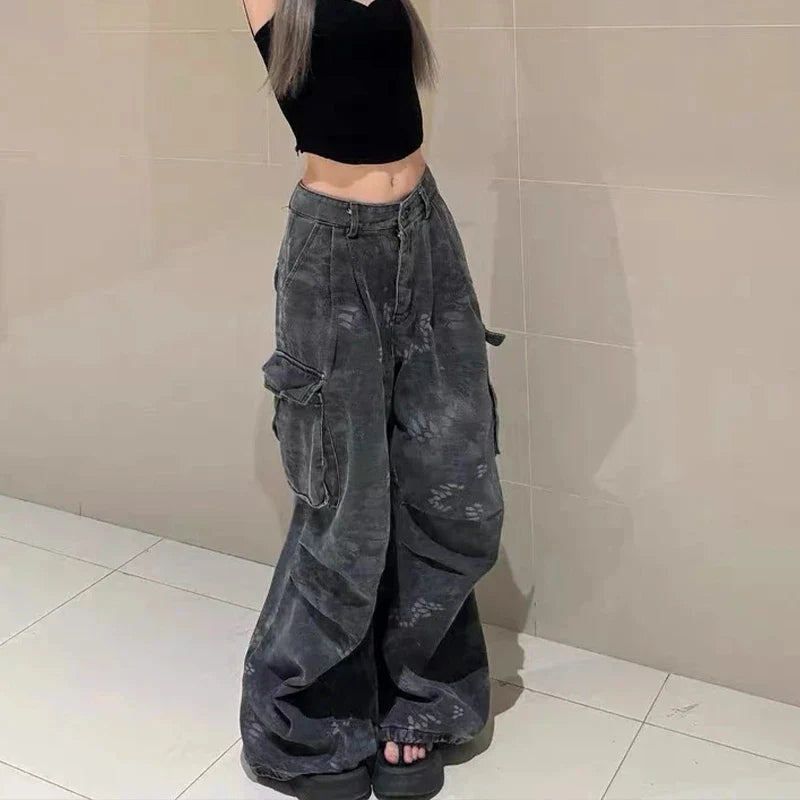 Loose Pocket Jeans Womens Cargo Workwear Camouflage American Style 2025 Autumn Winter High Waist Straight Leg Casual Pants