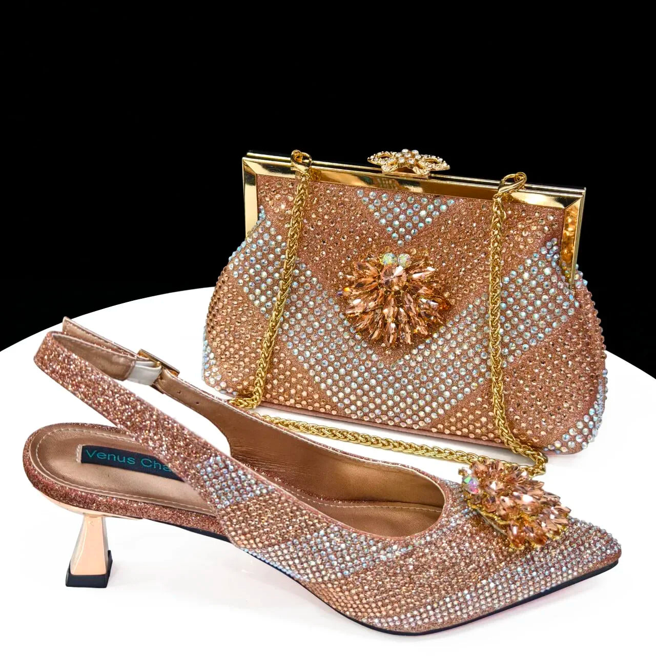 2024 Italian Design Rhinestone Luxury Wine Colour Pointed Toe Shoe & Bag Set Women's High Heels for Parties By Venus Chan