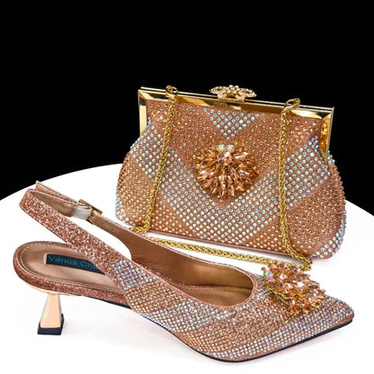 Italian Shoes and Bags Matching Set 2024 Silver Color Rhinestone Fashion High Heels for Women Pointed Toe Pumps