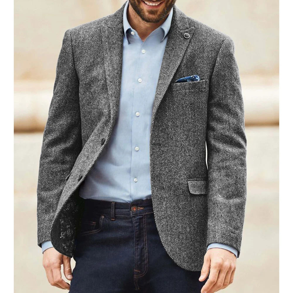 Men's Herringbone Tweed Suit Blazer Classic Notch Lapel Dress Jacket Elegant Slim Fit Fashion Simple Casual Business Outerwear