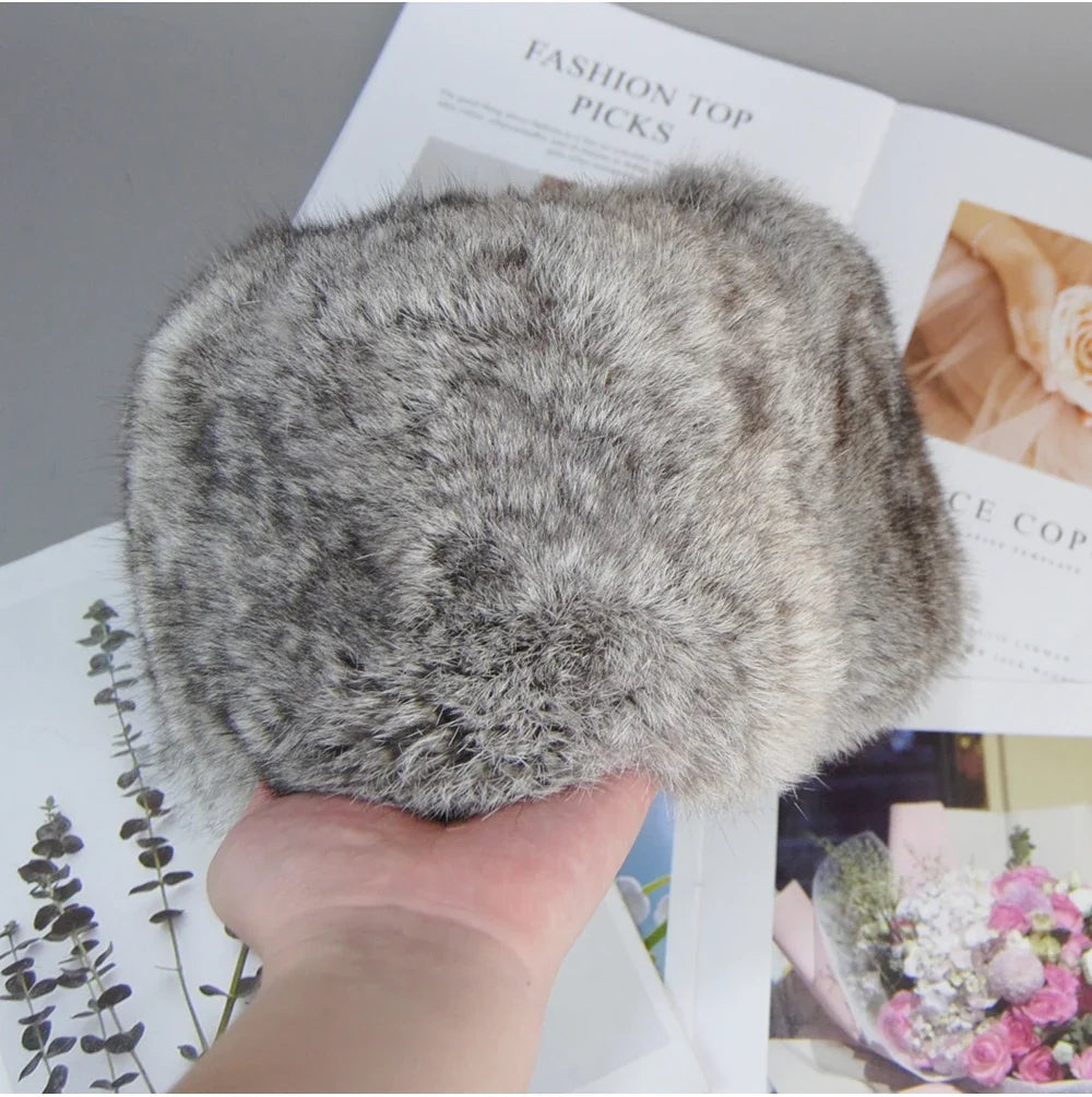 2026  Unisex Winter Russian Outdoor 100% Genuine Rabbit Fur Caps Warm Real Rabbit Fur Bomber Hat Natural Quality Rabbit Fur Hats