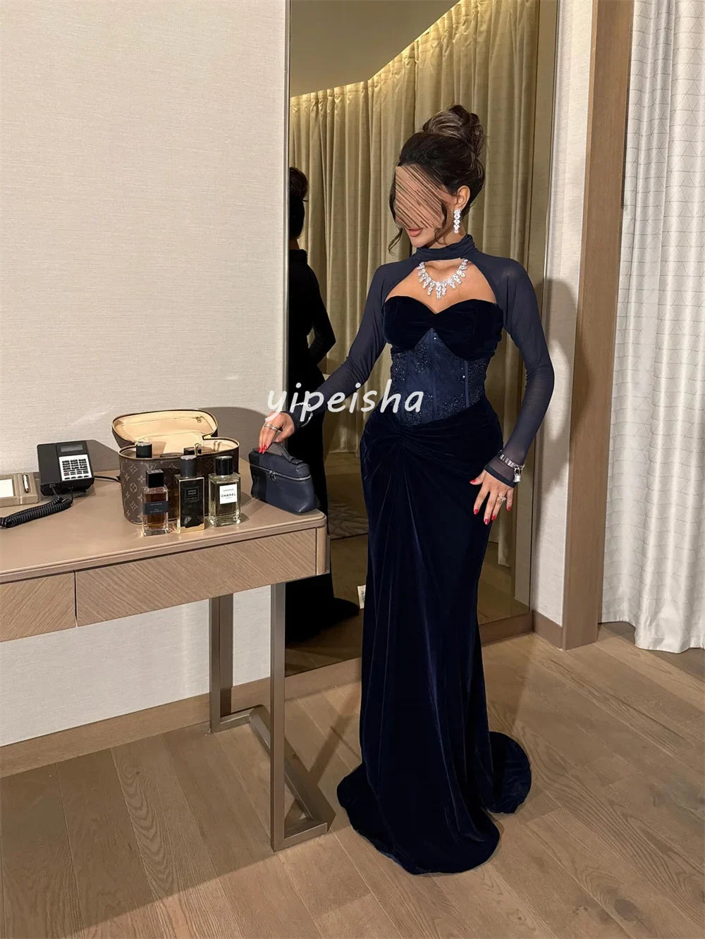 Customized Sexy Fashion Velour Beading Sequined Mermaid Square Neck Long Dresses Bespoke Occasion Dresses Sizes Available Retro