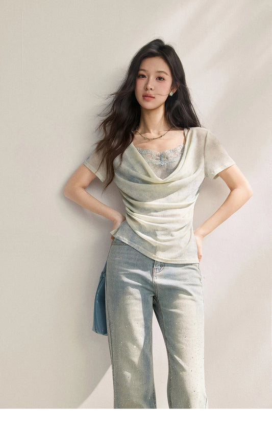 Blue Tie Dye T-Shirt For Women 2026 Summer New Swing Collar Lace Pleated Slimming Breathable French Style Top MXF22T1617