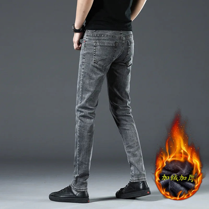 Winter Thick Plus Velvet Men Middle Waist Skinny Jeans Simple Fleece Warm Slim Fit Stretch Boy Casual Denim Pencil Pants